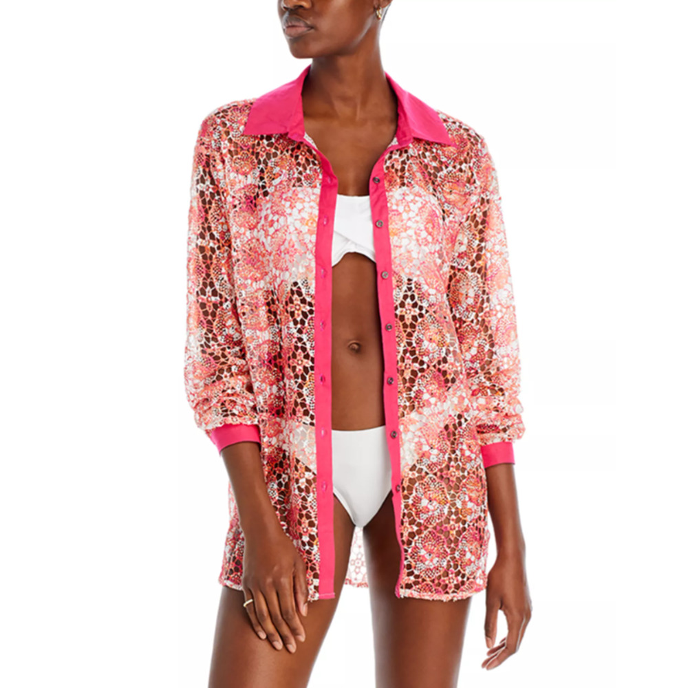 Ramy Brook Women’s Gary Princed Lace Swim Cover up Shirt Pink Size M 12828